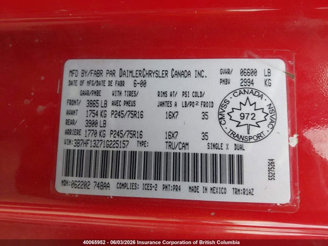 2001 Dodge Ram 1500 მანქანა იყიდება აუქციონზე, vin: 3B7HF13Z71G225157, აუქციონის ნომერი: 40065952