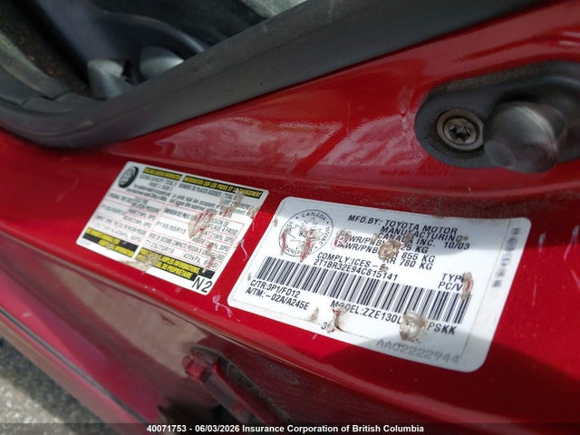 40071753 :رقم المزاد ، 2T1BR32E94C815141 vin ، 2004 Toyota Corolla Ce/le/s مزاد بيع