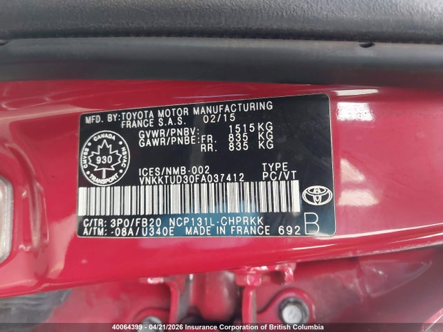 Aukcja sprzedaży 2015 Toyota Yaris, vin: VNKKTUD30FA037412, numer aukcji: 40064399