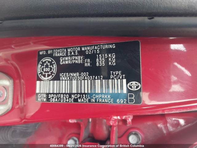 Aukcja sprzedaży 2015 Toyota Yaris, vin: VNKKTUD30FA037412, numer aukcji: 40064399