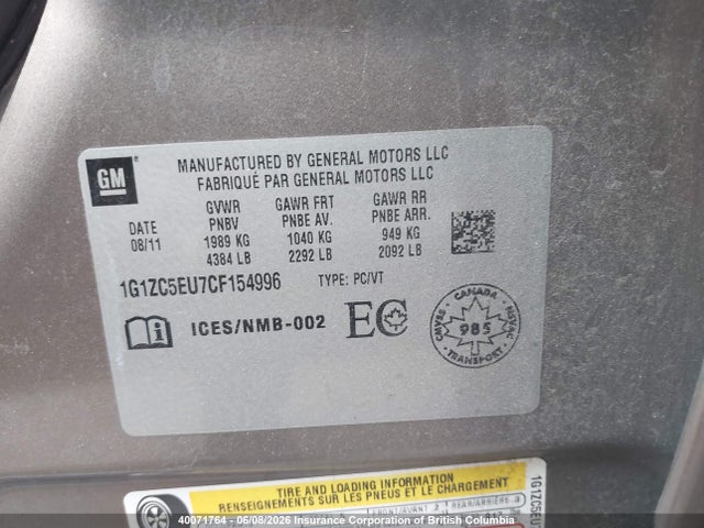 2012 Chevrolet Malibu Lt მანქანა იყიდება აუქციონზე, vin: 1G1ZC5EU7CF154996, აუქციონის ნომერი: 40071764