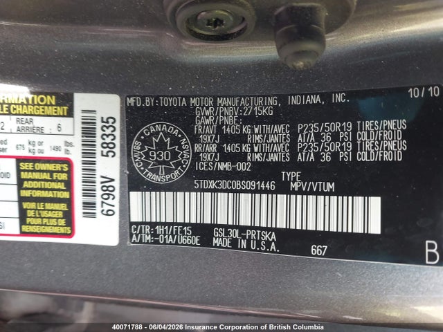 40071788 :رقم المزاد ، 5TDXK3DC0BS091446 vin ، 2011 Toyota Sienna Sport مزاد بيع