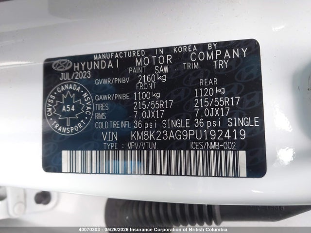 Aukcja sprzedaży 2023 Hyundai Kona Se, vin: KM8K23AG9PU192419, numer aukcji: 40070303