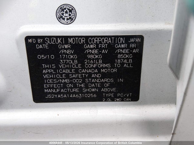 2010 Suzuki Sx4 მანქანა იყიდება აუქციონზე, vin: JS2YA5A14A6310256, აუქციონის ნომერი: 40068445