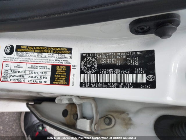 40071798 :رقم المزاد ، 4T1BK1EB0GU214746 vin ، 2016 Toyota Avalon Xle Plus/premium/tour/ltd مزاد بيع