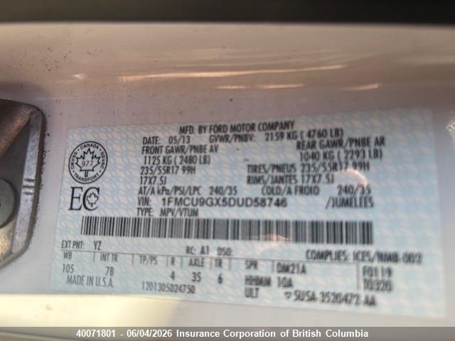 Продаж на аукціоні авто 2013 Ford Escape Se, vin: 1FMCU9GX5DUD58746, номер лоту: 40071801