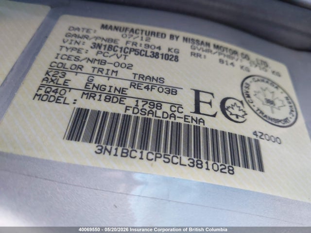 40069550 :رقم المزاد ، 3N1BC1CP5CL381028 vin ، 2012 Nissan Versa S/sl مزاد بيع