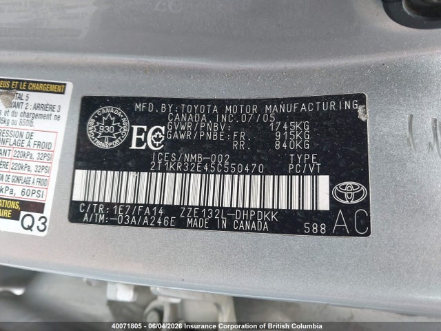 40071805 :رقم المزاد ، 2T1KR32E45C550470 vin ، 2005 Toyota Corolla Matrix Xr مزاد بيع