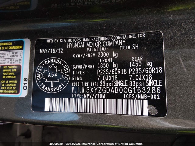 Aukcja sprzedaży 2012 Hyundai Santa Fe Gls, vin: 5XYZGDAB0CG163286, numer aukcji: 40060920