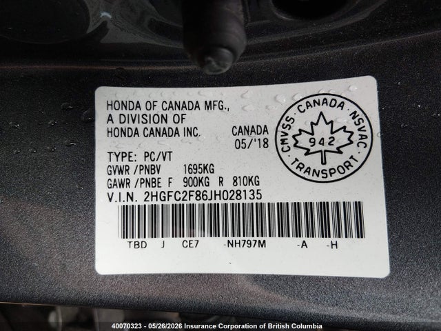 Продаж на аукціоні авто 2018 Honda Civic Ex, vin: 2HGFC2F86JH028135, номер лоту: 40070323
