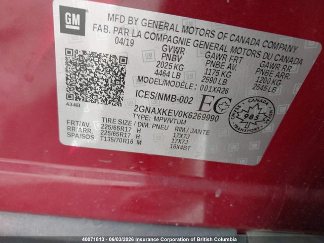40071813 :رقم المزاد ، 2GNAXKEV0K6269990 vin ، 2019 Chevrolet Equinox Lt مزاد بيع