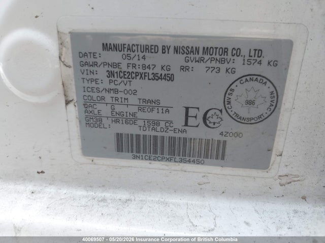 Aukcja sprzedaży 2015 Nissan Versa Note S/s Plus/sv/sl/sr, vin: 3N1CE2CPXFL354450, numer aukcji: 40069507