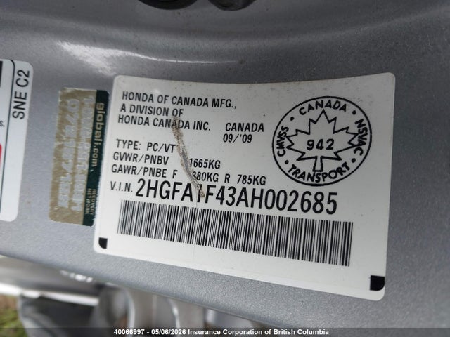 Aukcja sprzedaży 2010 Honda Civic Dx-g, vin: 2HGFA1F43AH002685, numer aukcji: 40066997