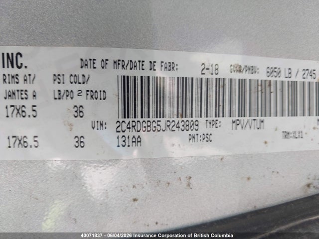 40071837 :رقم المزاد ، 2C4RDGBG5JR243809 vin ، 2018 Dodge Grand Caravan Se مزاد بيع