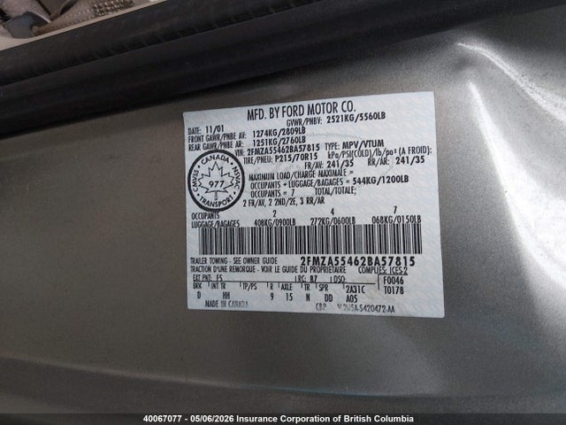2002 Ford Windstar Lx მანქანა იყიდება აუქციონზე, vin: 2FMZA55462BA57815, აუქციონის ნომერი: 40067077