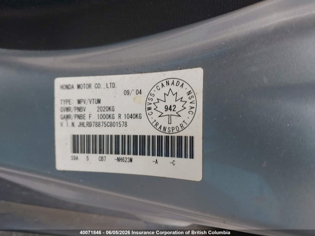Aukcja sprzedaży 2005 Honda Cr-v, vin: JHLRD78875C801578, numer aukcji: 40071846