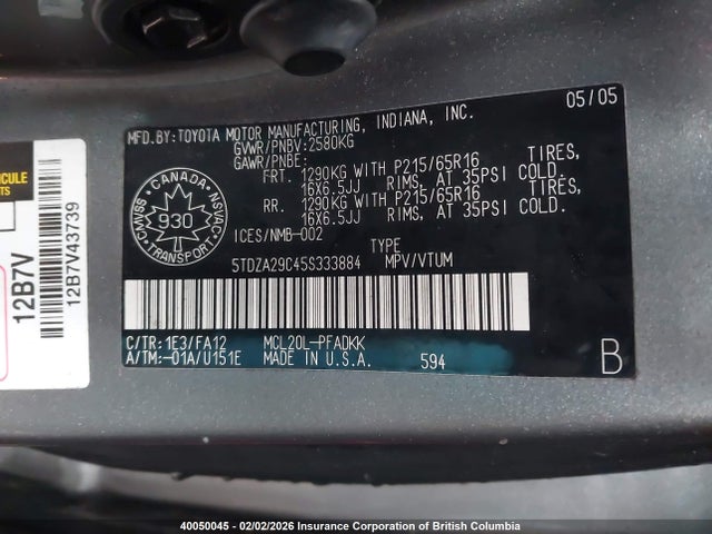 40050045 :رقم المزاد ، 5TDZA29C45S333884 vin ، 2005 Toyota Sienna Ce مزاد بيع