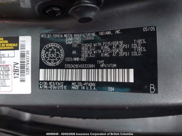40050045 :رقم المزاد ، 5TDZA29C45S333884 vin ، 2005 Toyota Sienna Ce مزاد بيع