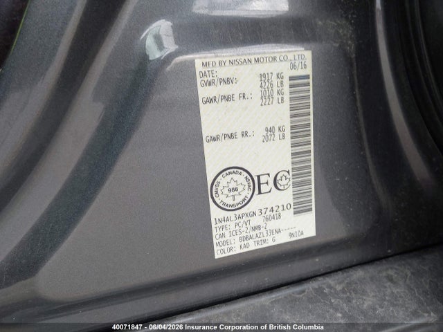 40071847 :رقم المزاد ، 1N4AL3APXGN374210 vin ، 2016 Nissan Altima 2.5/2.5 S/2.5 Sl Tech/2.5 Sr/2.5 Sv مزاد بيع