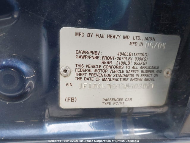2005 Subaru Impreza Rs მანქანა იყიდება აუქციონზე, vin: JF1GG67585H808027, აუქციონის ნომერი: 40067711