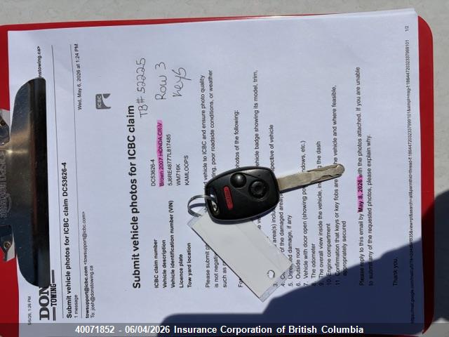 Продаж на аукціоні авто 2007 Honda Cr-v, vin: 5J6RE48777L817485, номер лоту: 40071852