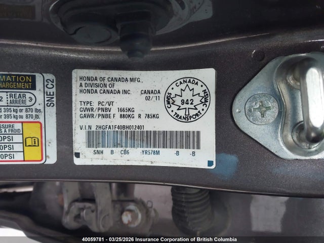 Aukcja sprzedaży 2011 Honda Civic Dx-g, vin: 2HGFA1F40BH012401, numer aukcji: 40059781