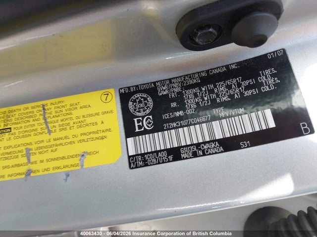 Aukcja sprzedaży 2007 Lexus Rx 350, vin: 2T2HK31U77C046677, numer aukcji: 40063430