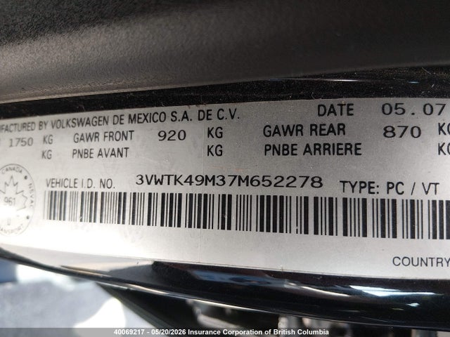Aukcja sprzedaży 2007 Volkswagen City Jetta, vin: 3VWTK49M37M652278, numer aukcji: 40069217