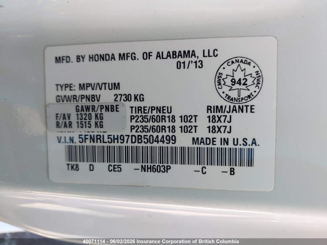 2013 Honda Odyssey Touring/touring Elite მანქანა იყიდება აუქციონზე, vin: 5FNRL5H97DB504499, აუქციონის ნომერი: 40071114