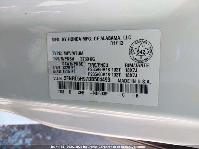 2013 Honda Odyssey Touring/touring Elite მანქანა იყიდება აუქციონზე, vin: 5FNRL5H97DB504499, აუქციონის ნომერი: 40071114