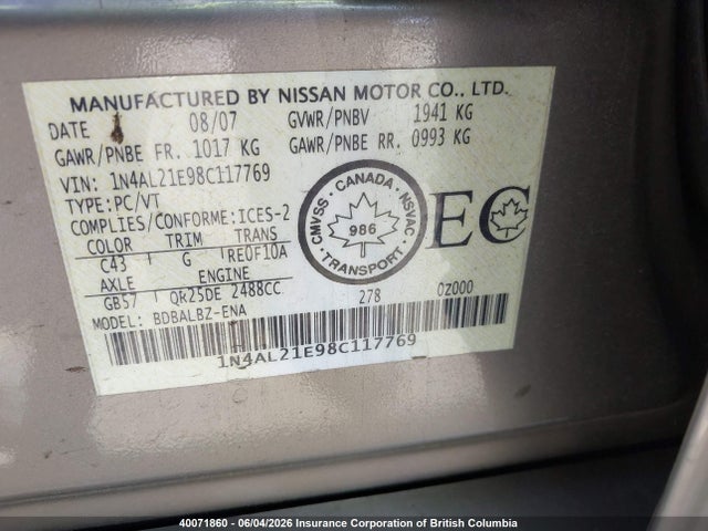 2008 Nissan Altima 2.5 S მანქანა იყიდება აუქციონზე, vin: 1N4AL21E98C117769, აუქციონის ნომერი: 40071860