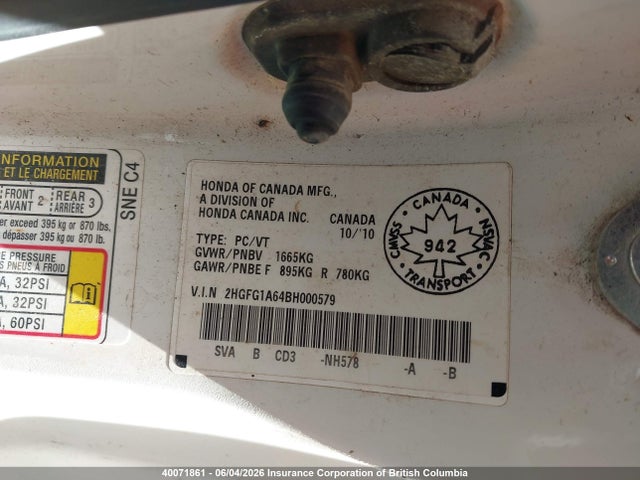 Продажа на аукционе авто 2011 Honda Civic, vin: 2HGFG1A64BH000579, номер лота: 40071861