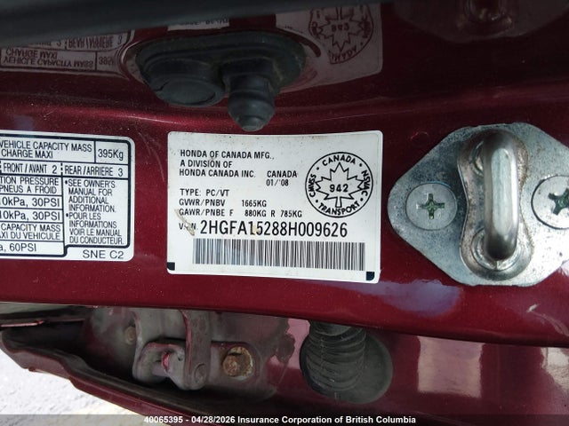 Aukcja sprzedaży 2008 Honda Civic Dx, vin: 2HGFA15288H009626, numer aukcji: 40065395