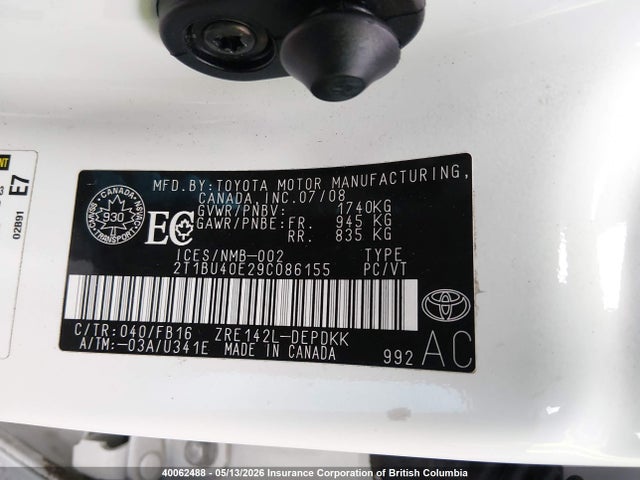 40062488 :رقم المزاد ، 2T1BU40E29C086155 vin ، 2009 Toyota Corolla S/le/xle مزاد بيع