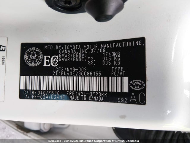 40062488 :رقم المزاد ، 2T1BU40E29C086155 vin ، 2009 Toyota Corolla S/le/xle مزاد بيع