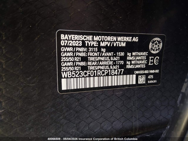 40066509 :رقم المزاد ، WB523CF01RCP18477 vin ، 2024 Bmw Ix Xdrive50 مزاد بيع