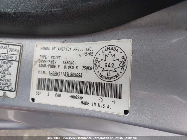 Aukcja sprzedaży 2003 Honda Civic, vin: 1HGEM21143L805694, numer aukcji: 40071868