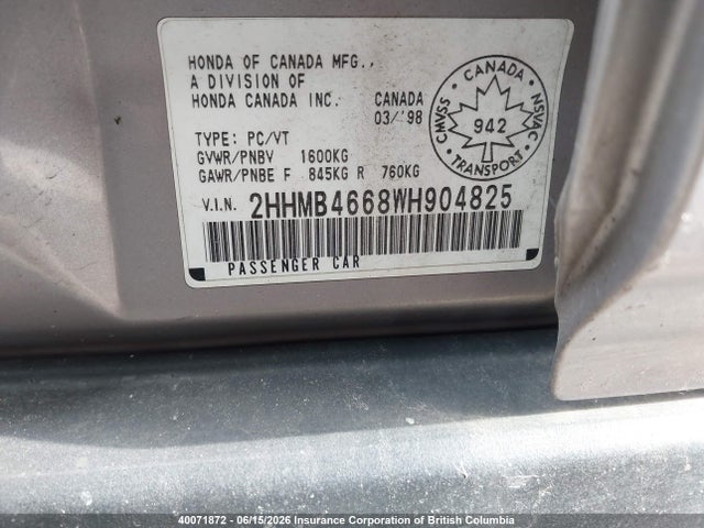 Продаж на аукціоні авто 1998 Acura 1.6el, vin: 2HHMB4668WH904825, номер лоту: 40071872