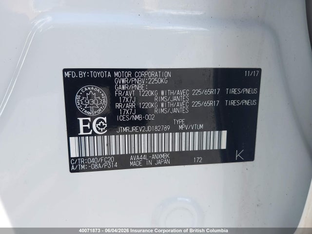 40071873 :رقم المزاد ، JTMRJREV2JD182789 vin ، 2018 Toyota Rav4 مزاد بيع