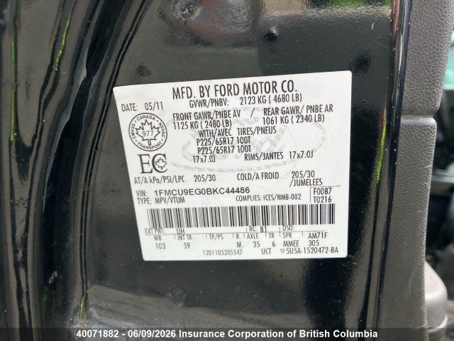 Продаж на аукціоні авто 2011 Ford Escape Limited, vin: 1FMCU9EG0BKC44486, номер лоту: 40071882