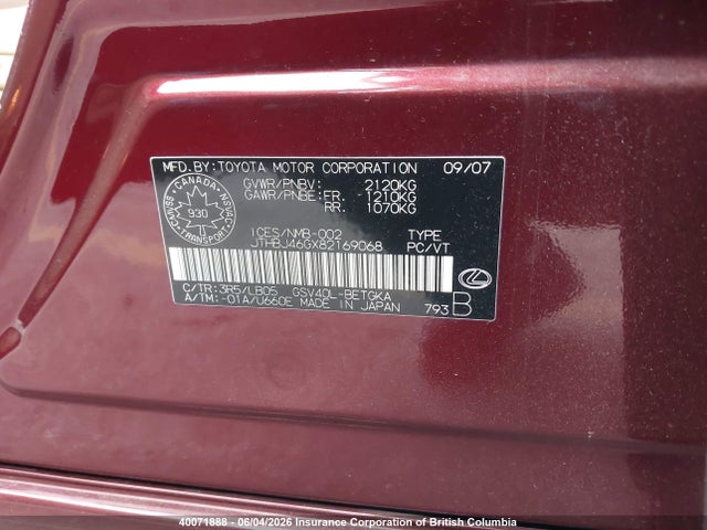 Aukcja sprzedaży 2008 Lexus Es350, vin: JTHBJ46GX82169068, numer aukcji: 40071888