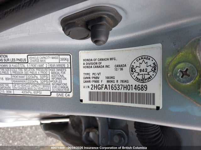 Aukcja sprzedaży 2007 Honda Civic, vin: 2HGFA16537H014689, numer aukcji: 40071889