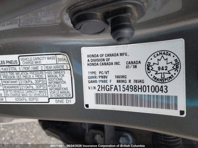 Aukcja sprzedaży 2008 Honda Civic, vin: 2HGFA15498H010043, numer aukcji: 40071891