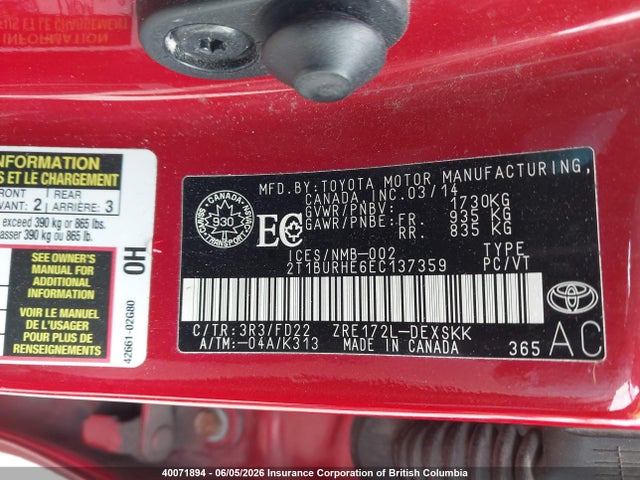 40071894 :رقم المزاد ، 2T1BURHE6EC137359 vin ، 2014 Toyota Corolla L/le/le Pls/prm/s/s Pls مزاد بيع