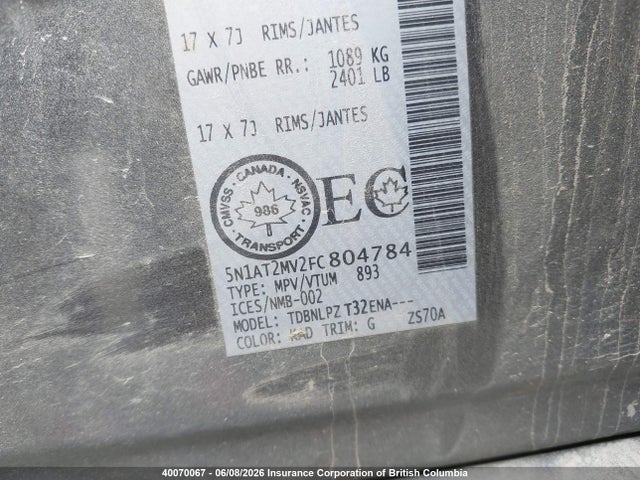40070067 :رقم المزاد ، 5N1AT2MV2FC804784 vin ، 2015 Nissan Rogue S/sl/sv مزاد بيع