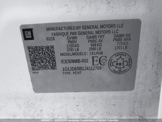 2018 Chevrolet Sonic Lt მანქანა იყიდება აუქციონზე, vin: 1G1JD6SB1J4112769, აუქციონის ნომერი: 40064673