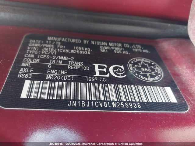 40040815 :رقم المزاد ، JN1BJ1CV8LW258936 vin ، 2020 Nissan Rogue Sport S/sv/sl مزاد بيع