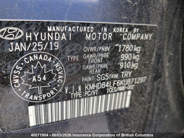 2019 Hyundai Elantra Preferred მანქანა იყიდება აუქციონზე, vin: KMHD84LF6KU871297, აუქციონის ნომერი: 40071904