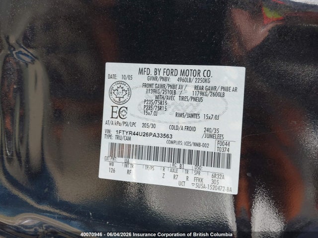 40070946 :رقم المزاد ، 1FTYR44U26PA33563 vin ، 2006 Ford Ranger Super Cab مزاد بيع