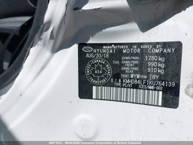 2019 Hyundai Elantra Preferred მანქანა იყიდება აუქციონზე, vin: KMHD84LF1KU764139, აუქციონის ნომერი: 40071912